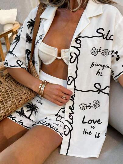 Vaclyn Women's Letter & Floral Print Single-Breasted Top And Shorts Casual Daily Outfit