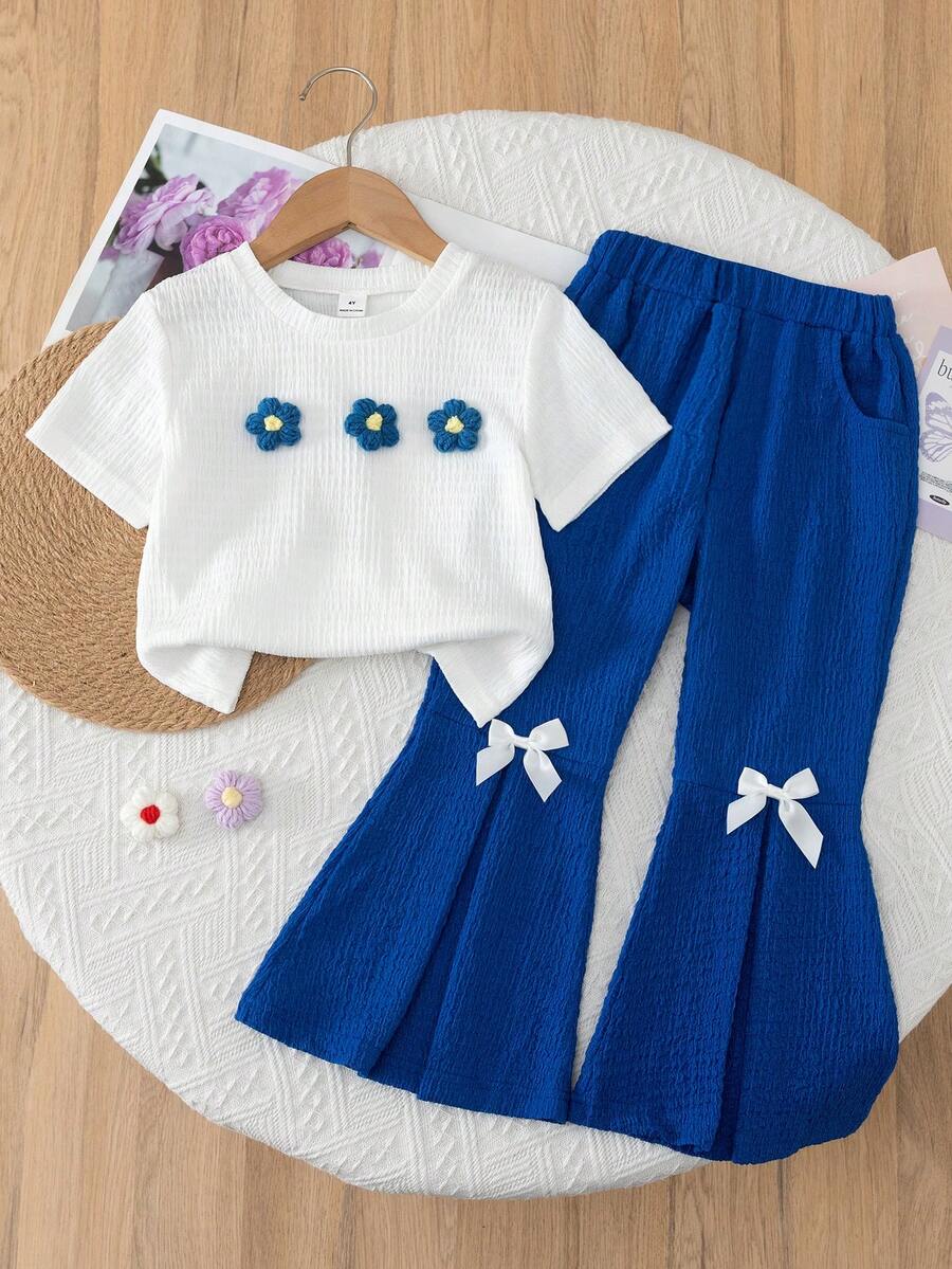 2pcs/Set Girls (Small) Pink Knit Short Sleeve Bow T-Shirt Top And Denim Flare Pants With Pockets, Casual Daily Sweet Summer Young Girl Outfit - Blue - View 1