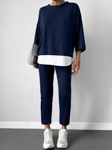 EURMUSE 90% Cotton Drop Shoulder 2 In 1 Tee & Seam Detail Sweatpants - Navy Blue - View 4