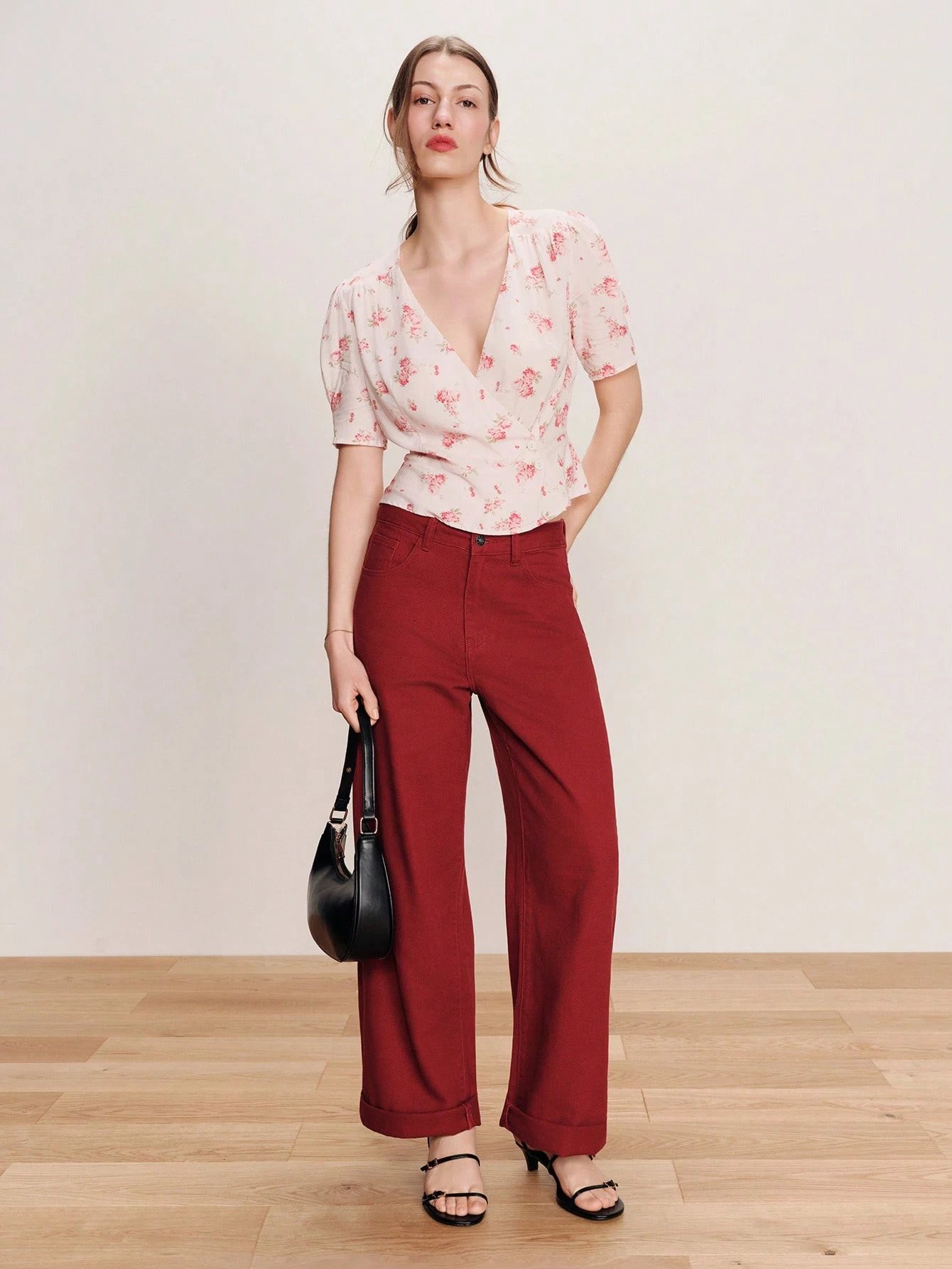 Pink Floral Wrap Blouse With Short Sleeves And Waist Tie Spring Summer French Style Parisian Style Business Casual Office Outfit Pink Flower Top Blouse For Women Summer
