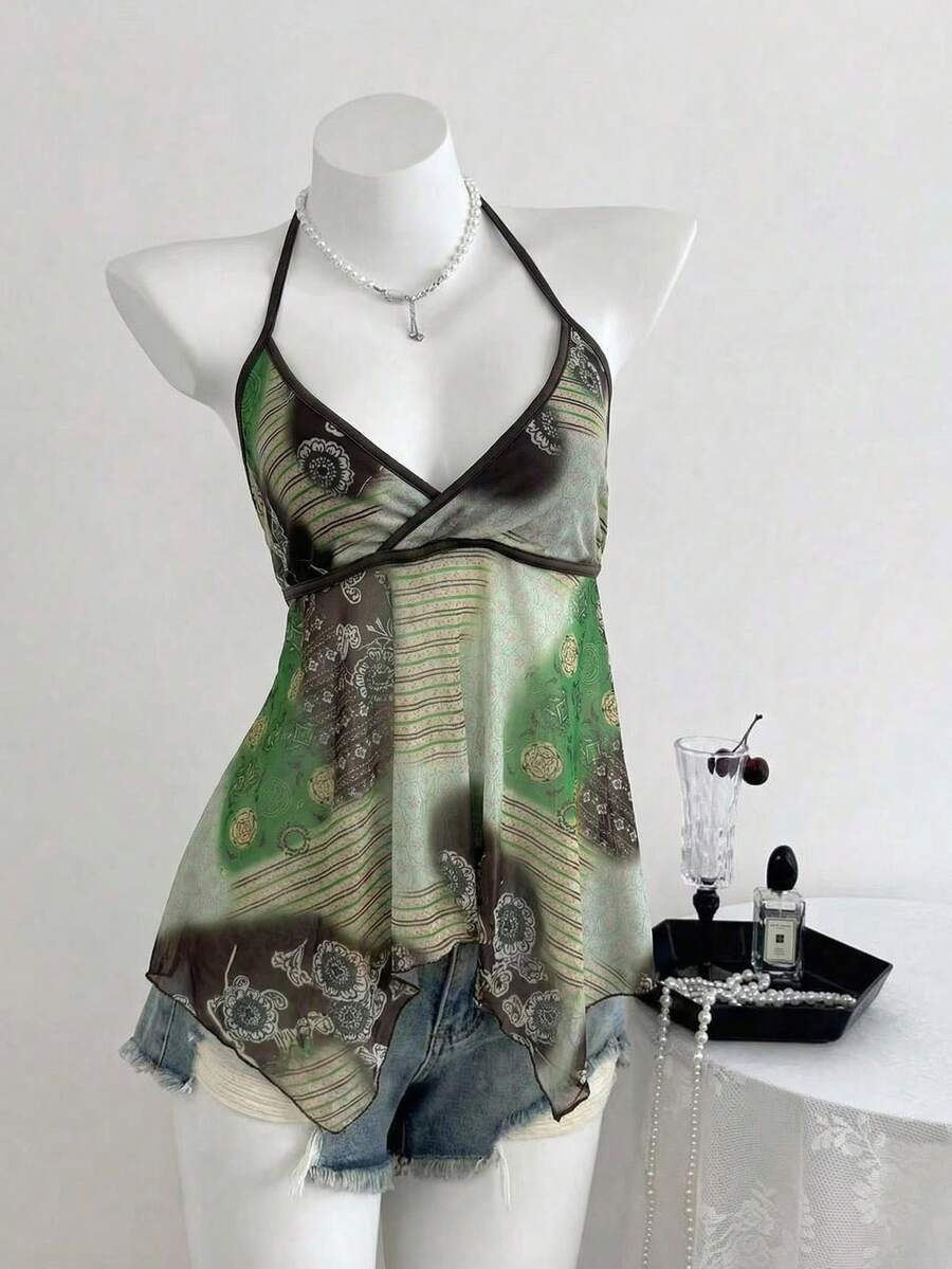 Elamini Áo kiểu nữ màu xanh lá cây phong cách Bohemian, vạt áo bất đối xứng, cổ yếm, thích hợp cho kỳ nghỉ, đi biển, du lịch, thư giãn và lễ hội. - Nhiều màu - Xem 1