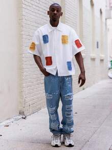 BelSigned BelSigned 男士破洞直筒牛仔裤，斜口袋设计，蓝色磨边牛仔裤，适合送给老公或男朋友的礼物，emo 风格 - 藍色 - 查看 4