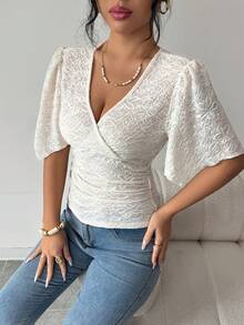 Selianne 2026 Summer New French V Neck Wrap Lace Blouse For Women Flare Sleeve Slim Fit Elegant Top Elegant Tops For Women - Apricot - View 1