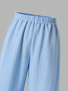 SHEIN 柔软时尚的提花织纹衬衫套装，包含吊带上衣和长裙，三件套设计，适合休闲、通勤、户外活动、派对、拍照等场合，春、夏、秋季皆宜，宽松舒适，适合青少年女孩和年轻女性穿着。 - 藍色 - 查看 7