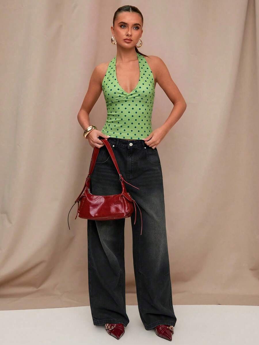 SHEIN BAE 黑色波点印花休闲露背上衣，适合早午餐、外出、约会、通勤、邮轮旅行、伊比沙岛度假等场合。 - 橄欖綠 - 查看 1