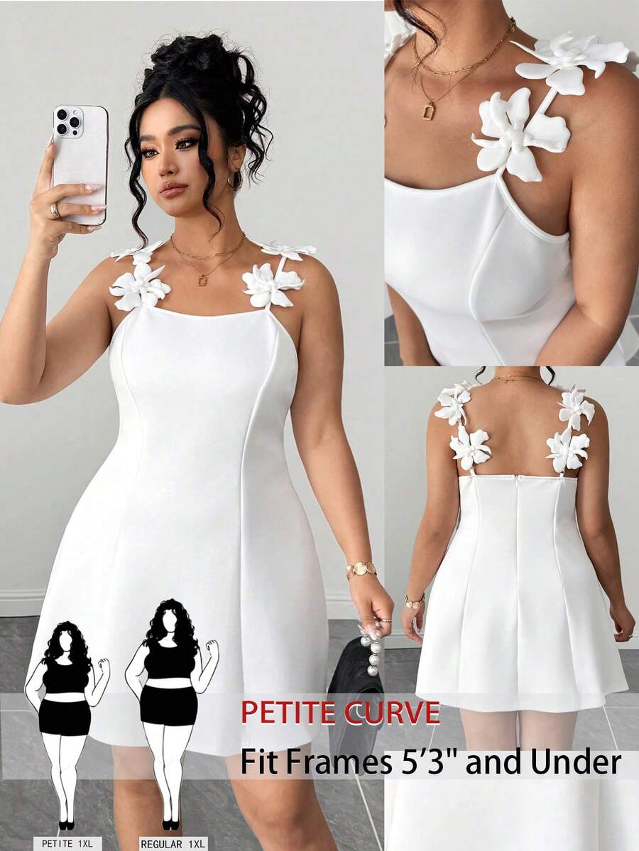 SHEIN PETITE CURVE 大码女士优雅印花无袖A字连衣裙，露背3D花朵设计，适合日常约会、旅行、拍照和外出等场合。 - 白色 - 查看 1