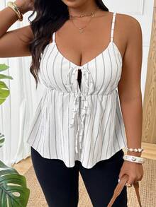 SHEIN Frenchy Plus Size Women Spaghetti Strap Tank Top, Striped Chest Tie Design, Daily Wear, Stretchy Fabric, Versatile Spring/Summer - White - View 6