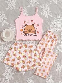 SHEIN 3件套少女休闲针织睡衣套装，可爱卡通印花荷叶边吊带背心，长裤和短裤 - 藍白色 - 查看 5