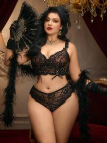 PinupPomp Black Fashionable Retro Sexy Plus Size Lingerie Set Lingerie For Women Bra And Panty Set Black Lace Lingerie Lace Underwear Women's Lingerie - Black - View 3