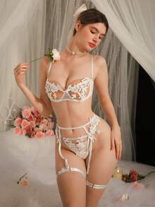 SHEIN Spicy Aura 女士撞色蕾丝镂空性感内衣套装 - 白色 - 查看 4