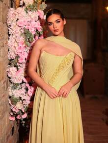 Glamrae 复古浪漫希腊风露肩U领A字褶皱喇叭下摆连衣裙，适合下午茶、商务活动以及各种场合，例如正式舞会、网纱质感连衣裙、正式礼服 - 淡黃色 - 查看 9