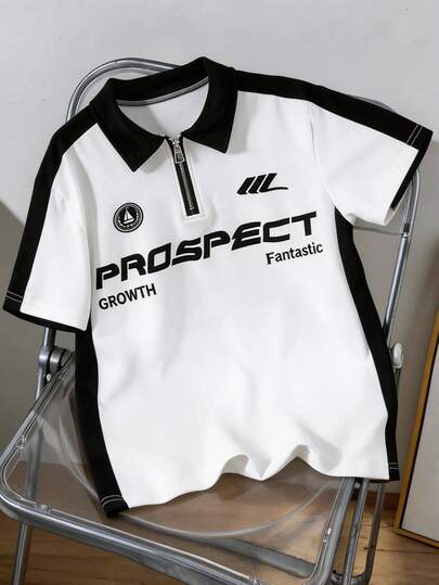 Mirajuku 1pc Teenage Boys' Spring/Summer Casual Contrast Color Block Collar Printed Short Sleeve Fashionable Polo Shirt