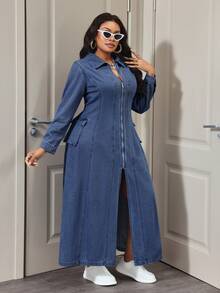 Slaydiva Plus Size Casual Commuter Front Zipper Split Denim Dress - Dark Wash - View 6
