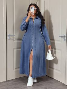Slaydiva Plus Size Women Casual Zip Front Split Denim Dress For Party - Medium Wash - View 1