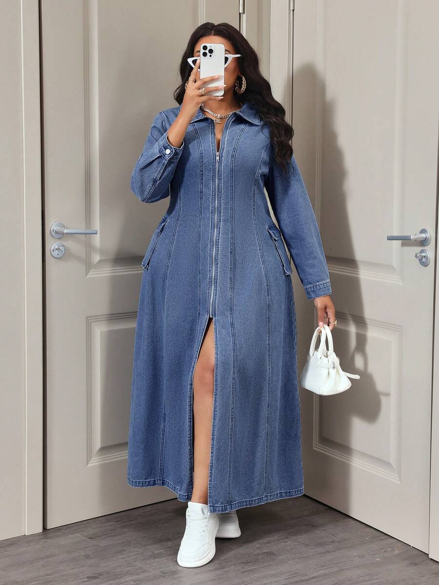 Slaydiva Plus Size Women Casual Zip Front Split Denim Dress For Party - Medium Wash - View 1