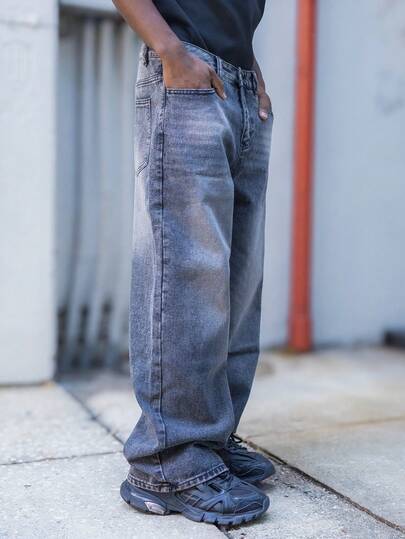 BelSigned BelSigned Hearty Haven 1pc Men's Vintage Washed Distressed High Street Straight Leg Loose Casual Baggy Wide Leg Dragging Jeans Pants {With Frayed Hem Detailing