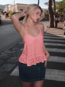 Turnttoni Solid Color Lace Patchwork Twist Front Camisole Tank Top, Fashionable Summer - Pink - View 3