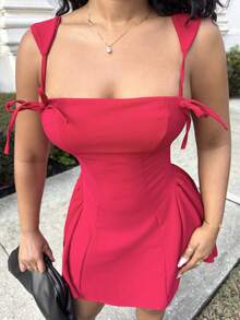 Alexandranx Váy ngắn đuôi cá thắt nơ dây mảnh màu đỏ lãng mạn ngày lễ tình nhân cho nữ dự tiệc, váy chống nắng - Đỏ - Xem 5