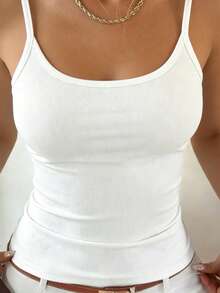 DAZY Áo croptop hai dây dáng ôm, màu trơn, chất liệu gân sọc, thích hợp mặc thường ngày, dành cho nữ. - trắng - Xem 3