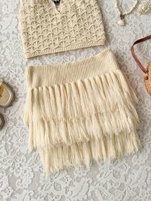 Soleia Women's Light Beige Summer Boho Beach Vacation Holiday Knit Halter V-Neck Backless Crop Top&Tassel Fringe Hem Mini Skirt 2 Pieces Set For Party,Boho - Apricot - View 3