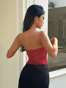 Aloruh 女士优雅印花不对称下摆抹胸上衣，夏季 - 淺粉色 - 查看 2