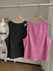 Comfortcana 2pcs/Set Brown Solid Color Sleeveless Washed Comfortable Ribbed Crew Neck Knit Tank Tops, Plus Size, Spring/Summer Gym - Hot Pink - View 2