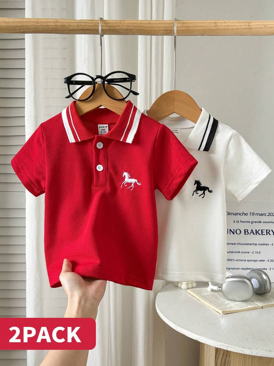 SHEIN Playful Pals 2 Pack Baby Boy Clothes,Toddler Little Kids Horse Embroidery Red And White Stripe Collar Polo Shirts,Summer Casual Page Boy Back-To-School Tops Set - Multicolor - View 1