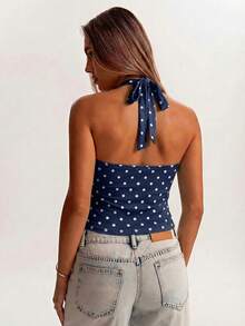 SHEIN BAE Camiseta de punto holgada con cuello halter de malla marrón minimalista, adecuada para uso casual, ir al trabajo, citas, salir con amigos, vacaciones en Italia y diversas ocasiones en primavera y verano - Azul Marino - Ver 2