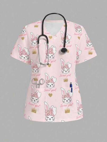 PopScrub Easter Cartoon Rabbit Print Scrub Uniform Top