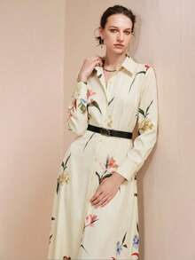 Aveloria Modichic 女士藏蓝色印花长袖A字连衣裙，腰部系带，优雅休闲通勤连衣裙 - 杏色 - 查看 2