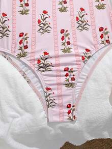 Swim Mod 2026 Summer New Women One-Piece Swimsuit, Floral Print Ruffle Swimwear, Beach Holiday - Pink - View 5