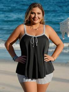 Swim Lushoire Plus Size Women Summer Beach Striped Patchwork Front Tie Camisole Tankini Set - Multicolor - View 6