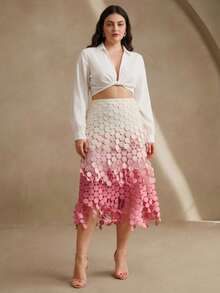 Anewsta 流苏镂空刺绣高腰半身裙，飘逸垂坠镂空半身裙，女士夏季节日装扮 - 粉色 - 查看 3