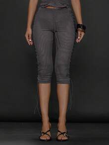 MUSERA Quần legging lửng nữ màu trơn, buộc dây, kiểu dáng thường ngày, đa năng, thích hợp cho mùa thu, xuân và hè. - Màu xám đen - Xem 3