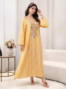 Yasmyna Đầm kiểu Ả Rập cổ chữ V, cài cúc phía trước, họa tiết hoa. - Màu vàng - Xem 5