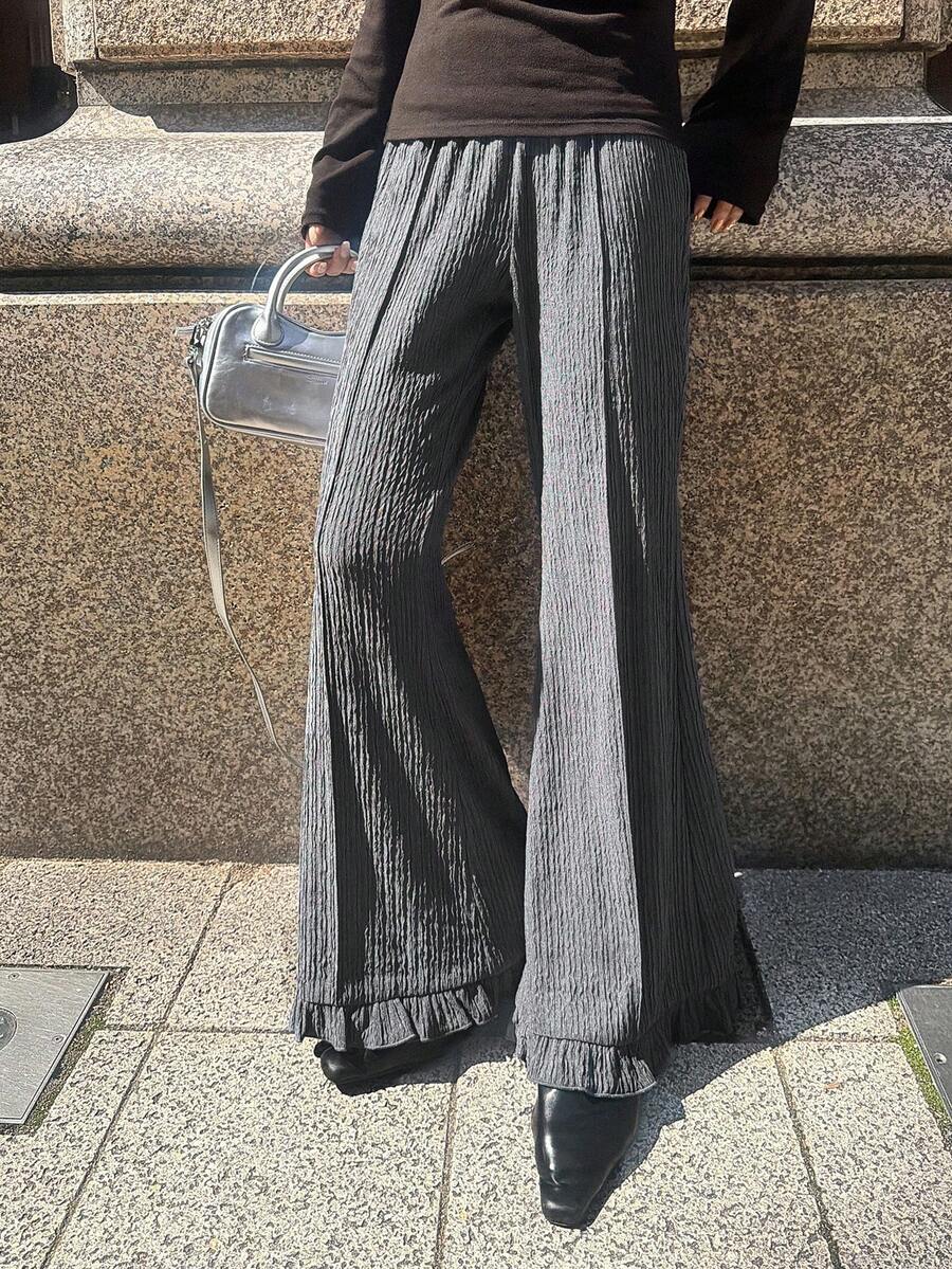 FRIFUL Women's Solid Color Elastic Waist Casual Loose Flare Leg Pants Summer - Grey - View 1