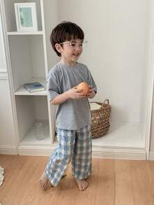 DAZY Young Boy Solid Color Round Neck Short Sleeve T-Shirt And Plaid Pants Pajamas Summer - Grey - View 6
