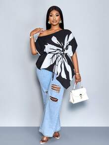 SOLERSUN Plus Size Women Summer Black And White Elegant Blouse, Autumn Loose-Fitting One-Shoulder Casual Top Asymmetrical Hem And Drawstring Tie-Waist - Black and White - View 3