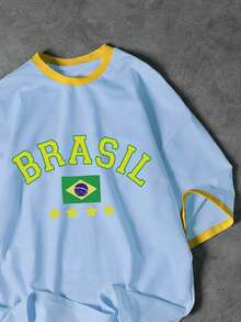 Manfinity Homme Men's Patchwork T-Shirt Manfinity Hypemode, Green & Yellow Brazil Football Sports Element & Letter Print Pattern, Contrast Color Patchwork Short Sleeve - Blue - View 4