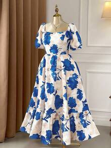 Rometta Plus Size Women's Elegant Floral Print Square Neck Puff Sleeve Backless Cinched Waist Maxi Dress, Vacation Style - Royal Blue - View 5
