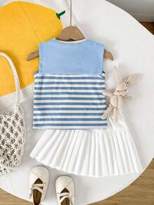 Playful Pals 3pcs/Set Baby Girls' Casual Striped Sleeveless Top And White Pleated Skirt Outfit, Comfortable Versatile For Spring/Summer, Suitable For Outings, Daily Wear, School, Vacation, Sports - Blue - View 2