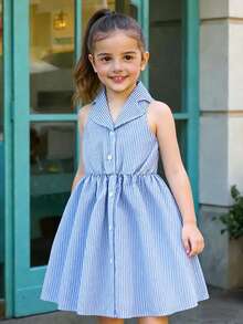 SHEIN Elladie kids Đầm hè thời trang cho bé gái, cổ polo, yếm, hở lưng, thắt eo, kiểu dáng ngọt ngào và đa năng cho kỳ nghỉ. - Màu xanh lam - Xem 9