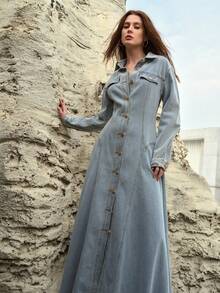 MOTF PREMIUM WOMEN'S FRONT BUTTON DROP SHOULDER DENIM DRESS - Baby Blue - View 8