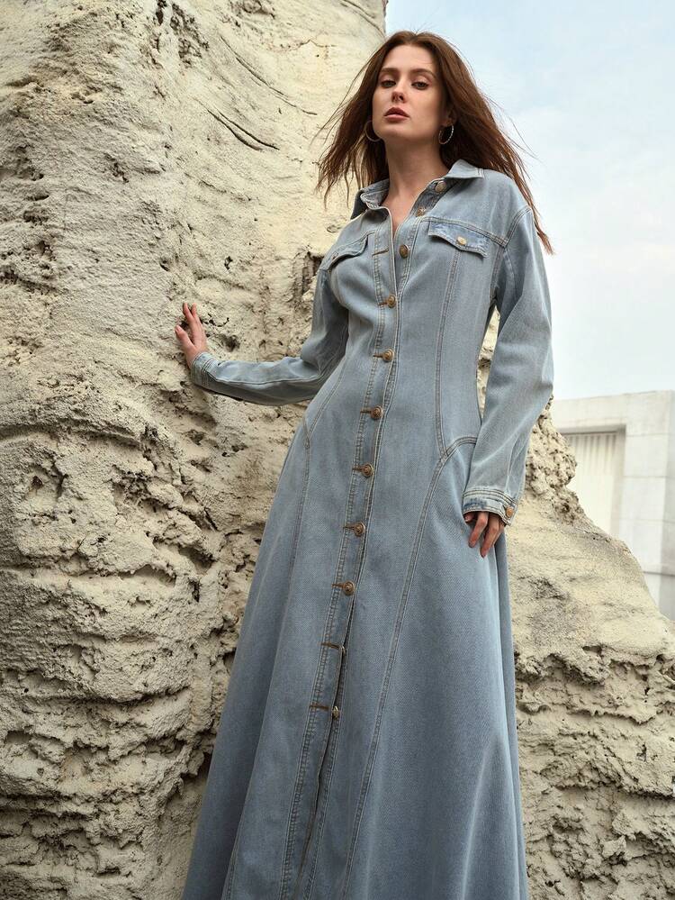 WOMEN'S FRONT BUTTON DROP SHOULDER DENIM DRESS