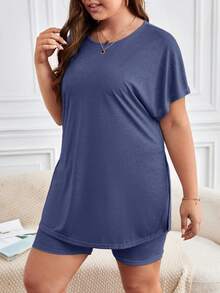 SHEIN Frenchy 大码夏季休闲纯色侧开衩短袖T恤和短裤两件套 - 藍色 - 查看 6