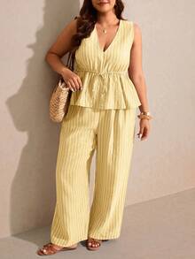 Elaquor Plus Size Casual Vacation Striped Sleeveless A-Line Shirt And Straight Leg Casual Pants 2 Pieces Set - Yellow - View 5