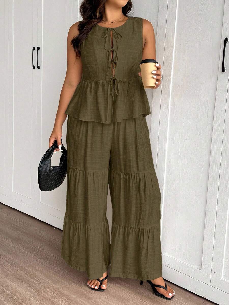 SHEIN Frenchy Plus Size Summer Casual Versatile Multi-Layer Ruffle Patchwork 2 Pieces Set, Women Top + Pants, Suitable For Daily Wear And Beach Vacation - Coffee Brown - View 1