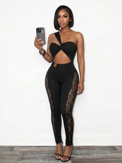 BamGleam Women's Summer Sleeveless Cutout One Shoulder Halter Design Pants With Metal Decor, Side Lace Splice Design, Sheer Sexy Skinny Black Jumpsuit