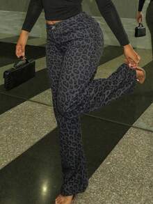 Maria Perezxox Fashionable Leopard Print Low-Waist Washed Wide-Leg Women Jeans - Grey - View 3