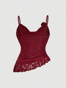 SHEIN MOD Plus Size Women's Solid Color Draped 3D Floral Detachable Hem Asymmetrical Ruffle Trim Red Camisole Top,Asymmetrical Top,Mesh Top,Party Tops, Costume,Maroon Top,Club Tops,Party Tops,Y2K Tops,Peplum Top,Lace, Tops For Women, Red Lace Top, Red Lace Cami, Lace Tops For Women, Lace Cami Top For Women - Burgundy - View 4
